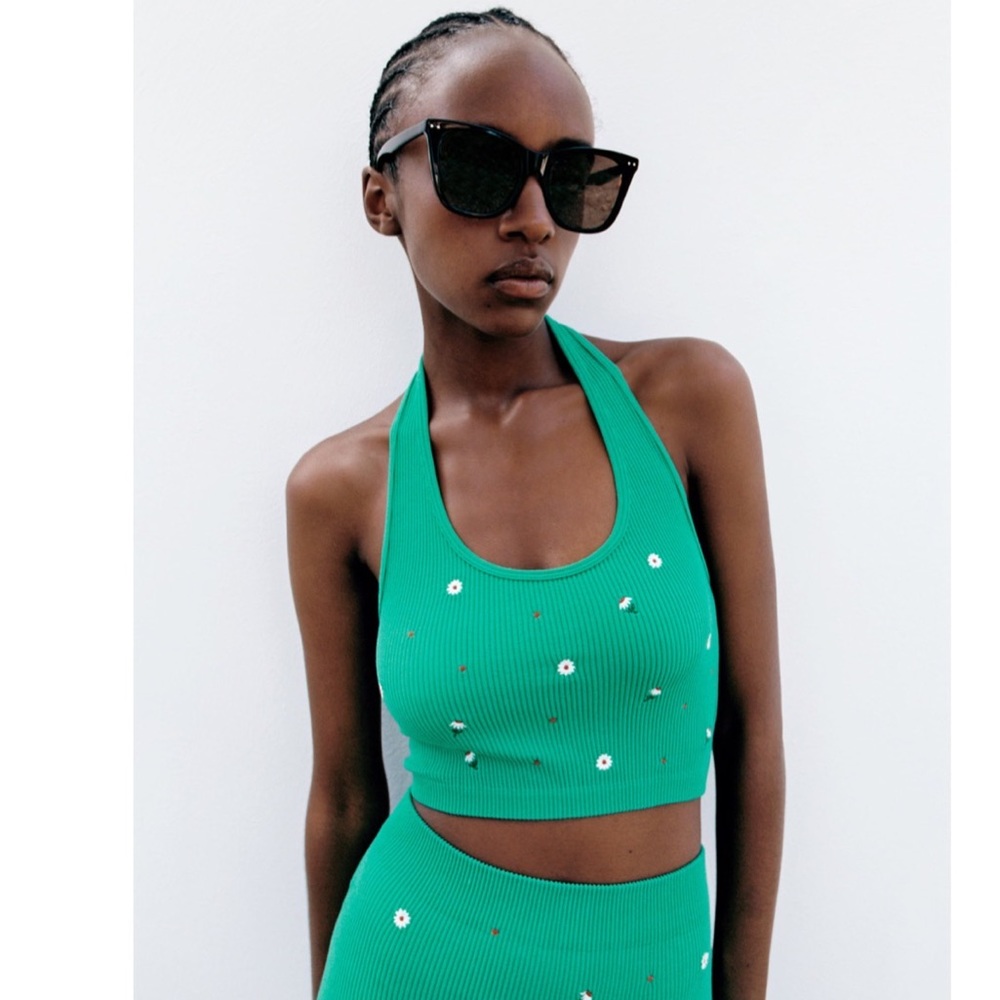 NWT Zara Seamless Halter Neckline Embroidered Crop Top Green XS-S
